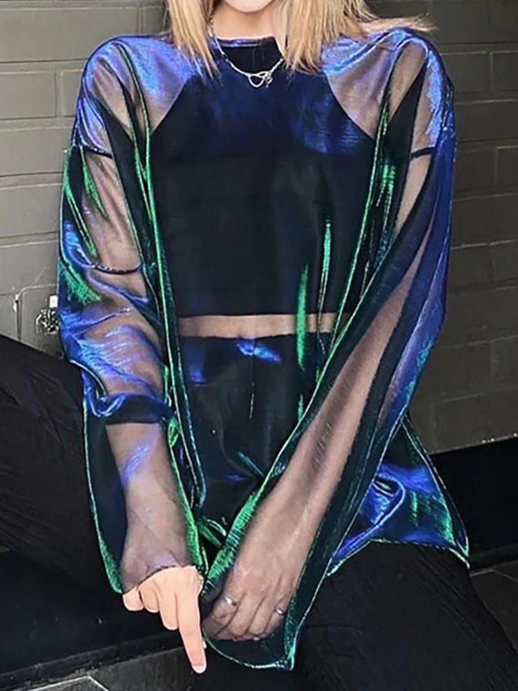 Remera Mujer Manga Larga Semi Transparente Cuello Redondo Estilo para Fiesta o Club